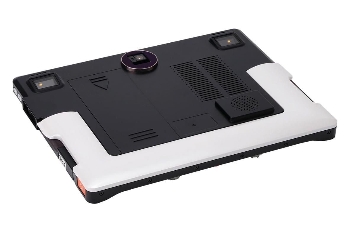 A sleek, modern device with a black and white design, featuring buttons, vents, and a camera lens on top.